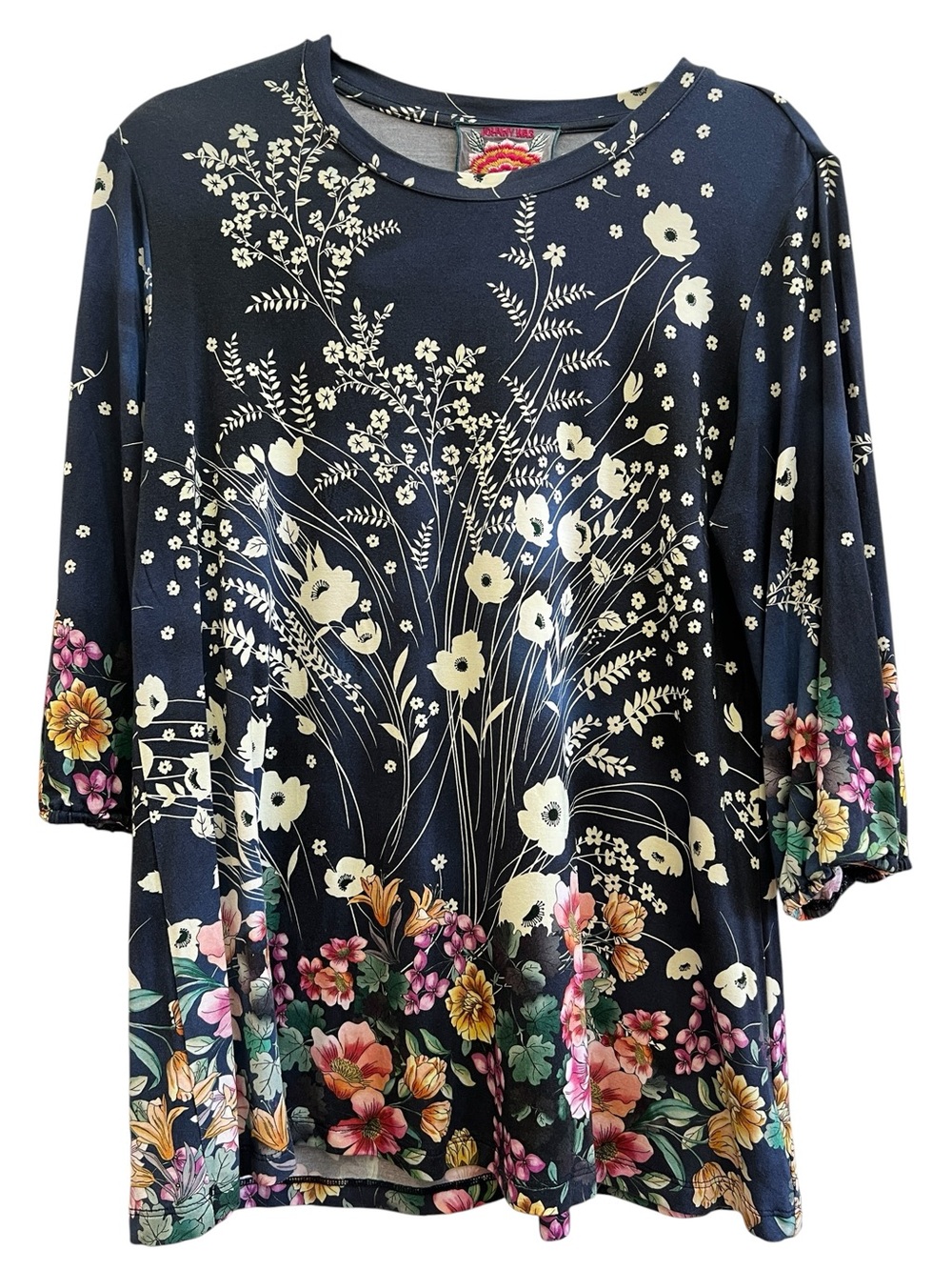 Johnny Was Janie Favorite Floral Top Navy Boho Anthro Style Lagenlook Coastal - Picture 2 of 5